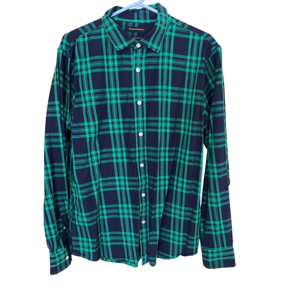 Banana Republic Mens Untucked Slim Fit Plaid Shirt L Green & Navy